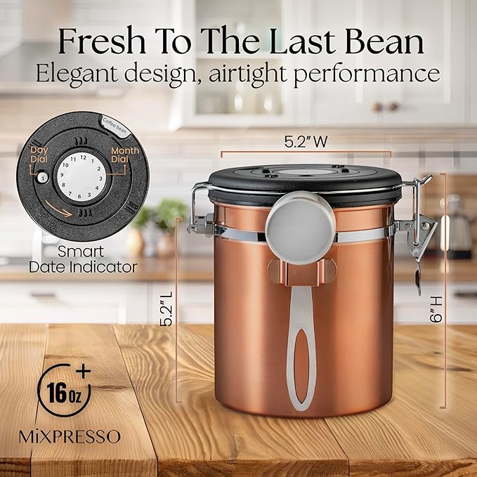Mixpresso 16 Oz Copper Coffee Canister, Stainless Steel Airtight Coffee Container, Ground and Bean Storage with Date Tracker, Vacuum Sealed Espresso Airtight Container, Sugar Container