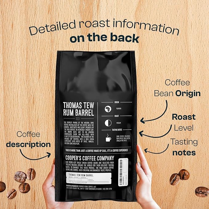 Rum Barrel Aged Coffee, Single-Origin Rwandan Beans Aged in Rum Barrels, Medium Roast Whole Bean, 5 lb