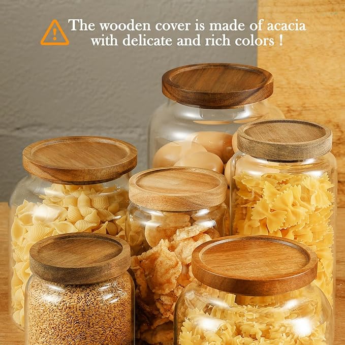 Labina Glass Storage Container Airtight Food Jars Kitchen Canister with Wood Lids, 60 Oz Wide Mouth Pantry Organization Glass Jar for Flour, Sugar, Cookie, Spagetti, Nuts and Candy