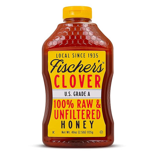 Fischer's 100% Pure Clover Honey, 40 oz – Unfiltered Raw Honey in a Squeeze Bottle – All-Natural Sweetener – Rich Flavor Profile, Packed with Nutrients