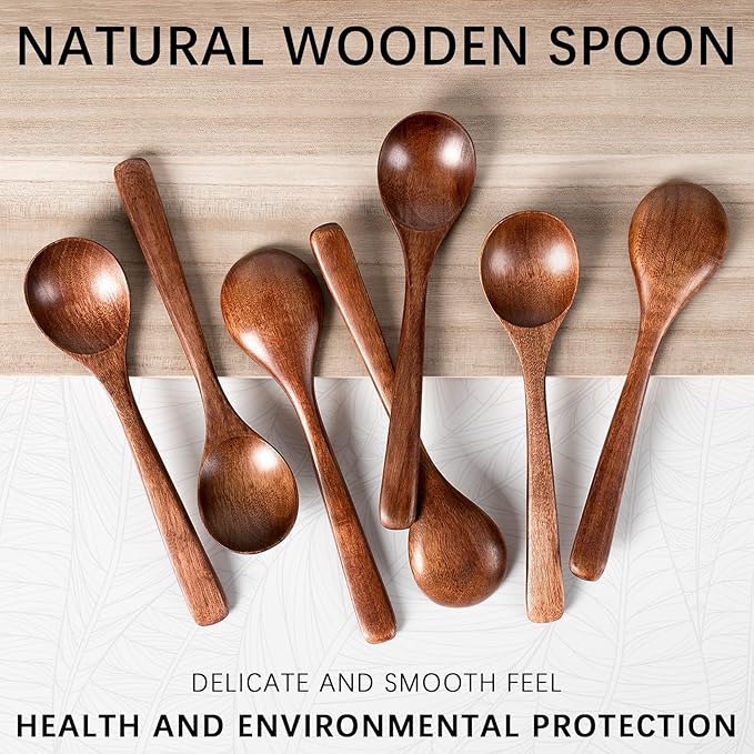 4 PCS Wooden Spoons for Eating, 7 inch Wooden Honey Spoons for Tea, Wood Teaspoons for Stirring Coffee, Hard Wood Table Spoon for Cooking, Small Serving Spoon for Soup, Desserts & Cereal