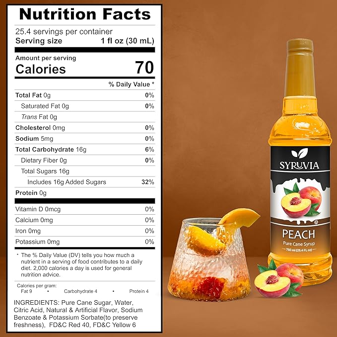 Syruvia Peach Syrup, Flavored Syrup for Drinks, Cocktails, Lemonades, Iced Teas, and Desserts – 25.4 fl oz, With Pump