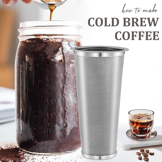 Cold Brew Coffee Filter for Wide Mouth Mason Jar, 304 Stainless Steel Filter Ultra Fine Mesh for Cold Brew, Iced Coffee and Iced Tea 1 Quart Wide Mouth Mason Jars