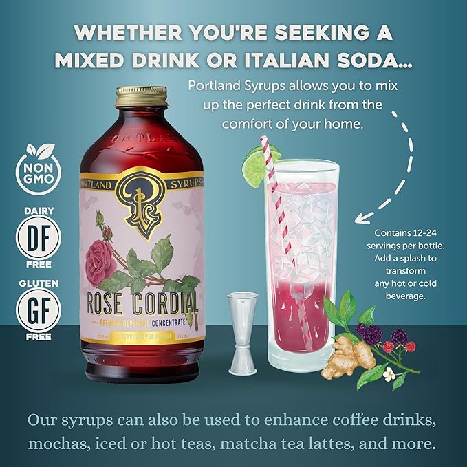 Portland Syrups Rose Cordial Syrup - Craft Exquisite Floral beverages for Cocktails, Mocktails, Soda, and More - 12 oz with 24 Servings (Pack of 1)