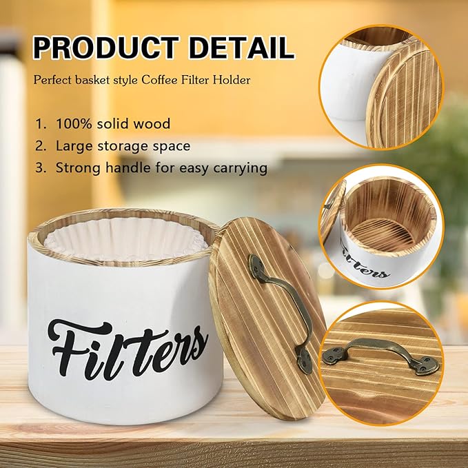 Coffee Filter Holder, Farmhouse White Filter Storage Container Basket for Counter, Wooden Case, Coffee Bar Accessories