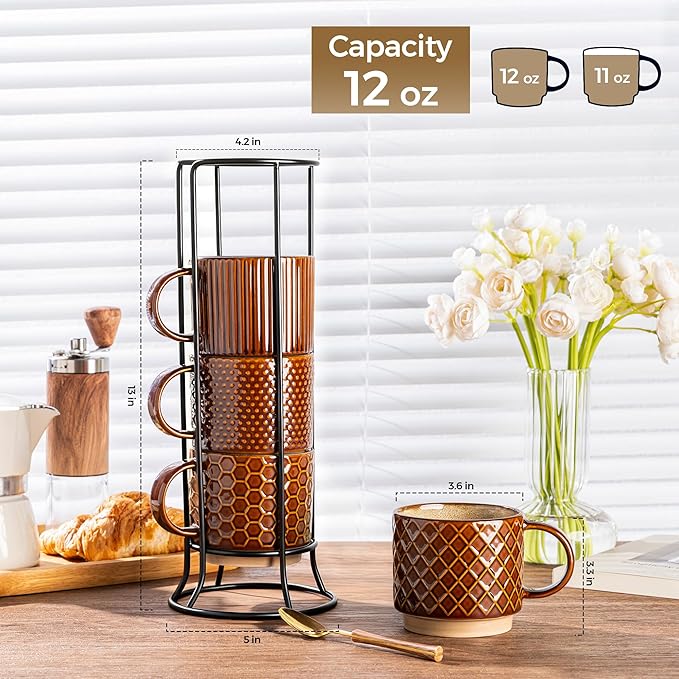 GBHOME 12OZ Stackable Coffee Mugs with Stand, Ceramic Coffee Mugs with Texture Patterns for Man,Woman,Dad,Mom, Modern Coffee Cups Set of 4 for Latte/Cappuccino. Dishwasher&Microwave Safe, Caramel