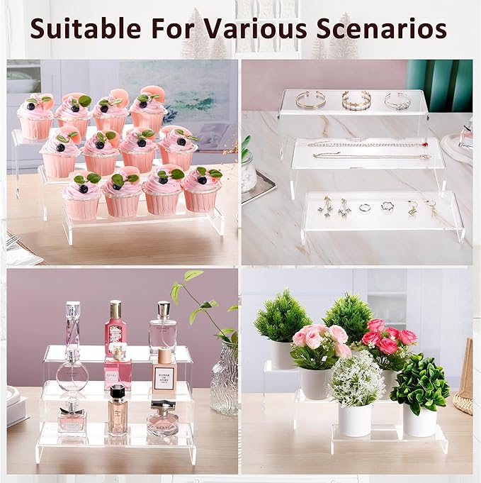 1 Set Large Acrylic Clear Display Risers, 3 Sizes 12" Rectangular Showcase Collectibles Display Shelf, 5 mm Thick Desktop Display Stand Holder for Figures, Jewelry, Perfume, Toys