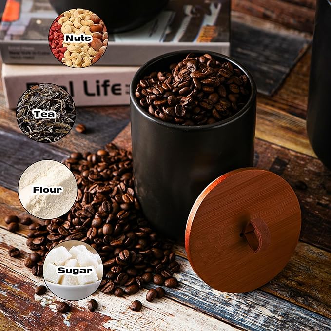 JOJUNO Black Ceramic Food Storage Canister Set (30 oz, 48 oz, 82 oz) with Bamboo Lids, 3-Piece Airtight Jars for Flour, Sugar, Coffee, Tea, Oats, Spice – Kitchen Storage Containers with Lids