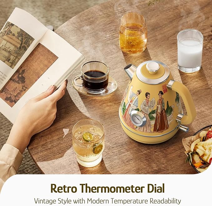 Hazel Quinn Retro Electric Kettle - 1.7 Liters / 57.5 Ounces Tea Kettle with Thermometer, All Stainless Steel, 1200 Watts Fast Boiling, BPA-free, Cordless, Automatic Shut Off - Finery