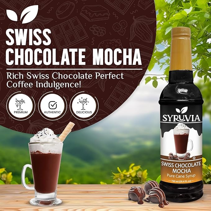 Syruvia Coffee Syrup, Swiss Chocolate Mocha Flavored Syrup for Drinks, Lattes, and Desserts – 25.4 fl oz,