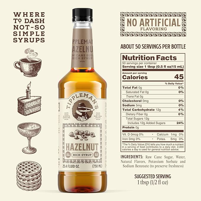 Tippleman's Hazelnut Coffee Syrup - Rich Flavor for Hot or Iced Drinks, Latte, Tea, Espresso, Cappuccino, Cocktails, & Baking - 25.4 Fl Oz
