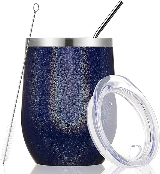 MEWAY Stemless 12 OZ Wine Tumbler Glasses with Lid -Insulated Double Wall Vacuum Stainless Steel Glitter Tumbler with Straw,for Woman Under 10 dollars (Rainbow Navy,1)