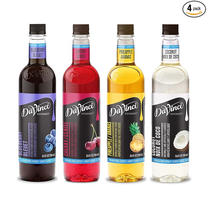 DaVinci Gourmet Sugar Free Syrup, Fruit Flavors Variety Pack - Blueberry, Cherry, Coconut, Pineapple, 25.4 Fl Oz (Pack of 4)