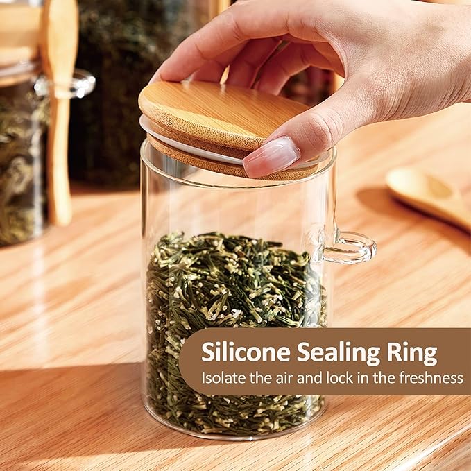 34 oz/1000 ml Glass Storage Canister with with Airtight Lid, Cute Clear Decorative Container Jar with Wooden Spoon for Coffee Spice Candy Salt Cookie Condiment Sugar Matcha Tea Overnight Oats