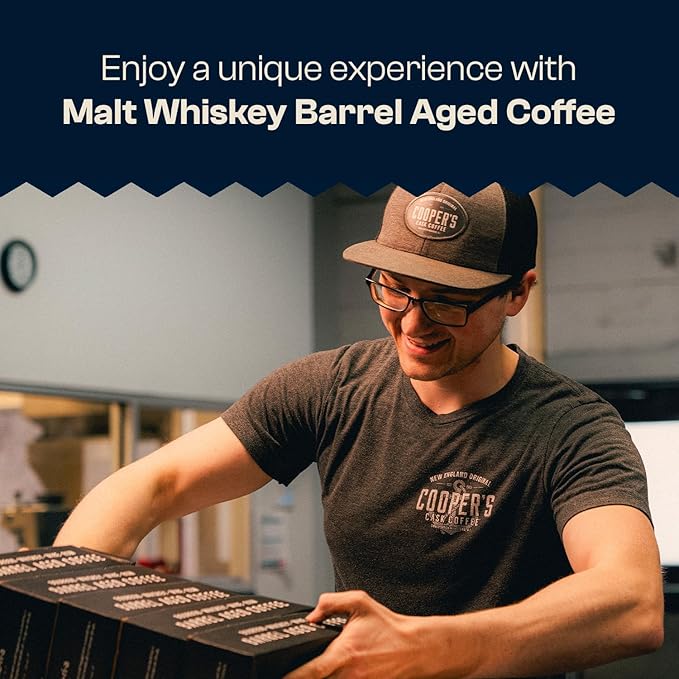 Whiskey Barrel Aged Coffee, Single-Origin Sumatra Beans Aged in American Malt Whiskey Barrels, Medium Dark Roast Whole Bean, 12 oz