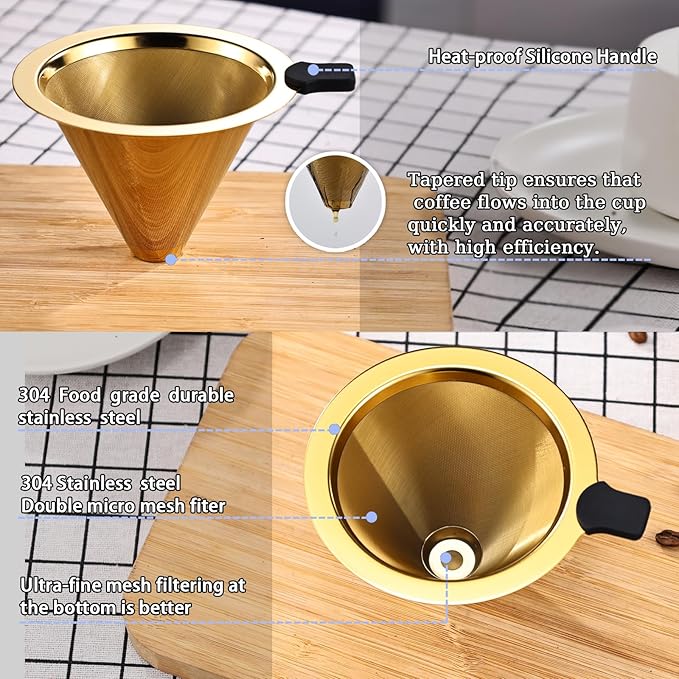 Small Size Pour Over Coffee Filter Dripper, Stainless Steel Metal Cone Drip Coffee Filter, Paperless and Permanently Reusable, Double Mesh Coffee,Tea Filter for 1-2 Cups