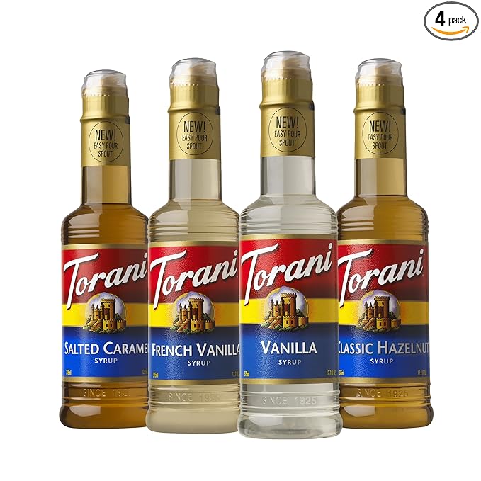 Torani Flavored Drink Syrup Café Variety Pack, Vanilla, Salted Caramel, Classic Hazelnut & French Vanilla, 12.7 fl oz (Set of 4)