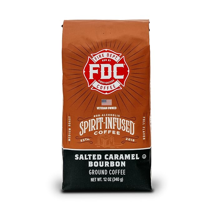 Fire Department Coffee - Salted Caramel Bourbon Coffee - Gives Back to Firefighters - Premium Bourbon Infused - Ground Medium Roast - Non-Alcoholic - Roasted in the USA - Veteran Owned - 12 oz