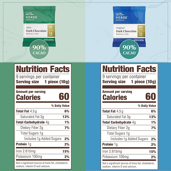 Verse Dark Chocolate Squares Variety Pack - Original and Mint w/ 1g Cane Sugar, High Cacao - Premium Dark Chocolates - Individually Wrapped Chocolate Squares (9 Count, 2 Pack)