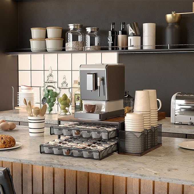 TQVAI K Cup Holder - 60 Capsule Capacity 2 Tier Sliding Pods Storage Drawer with Disposable Cups & Lids Holder, Coffee Bar Station Organizer for Countertop, Black