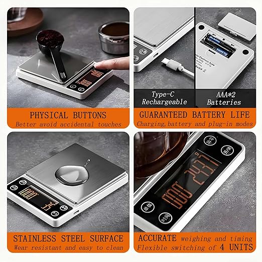 Coffee Scale with Timer 3kg/0.1g High Precision Espresso Scale Rechargeable Portable Digital Coffee Scale Auto Tare Smart Water Flow Suitable for Baristas or Kitchen Scale (Orange)
