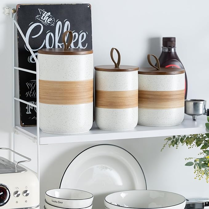 Coffee Container Jar with Lid, Ceramic Kitchen Food Storage Jars for Spice Sugar Cookie, Stackable Decorative Jars for Coffee Bar, White & 28 fl.oz