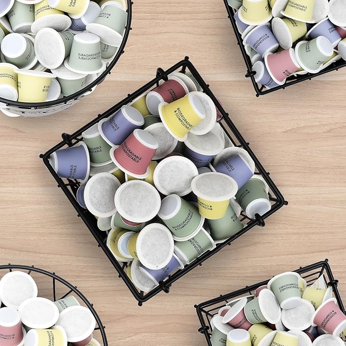 Coffee Pod Holder Organizer,Large Capacity K Cup Holder Organizer, Storage Basket for Kitchen Countertop Office Coffee Bar with Wooden Base(Rustic Brown-Square)