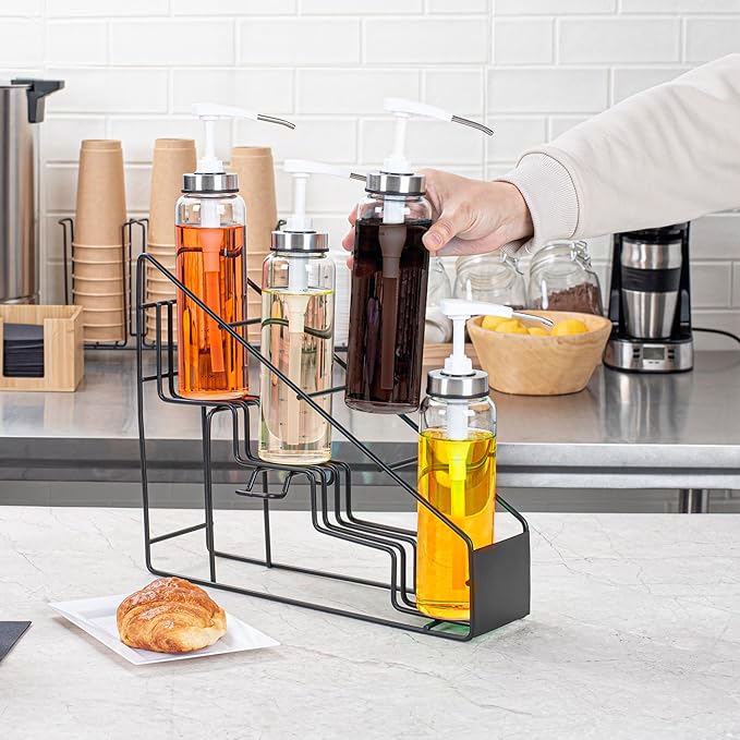 Restaurantware Restpresso 14 x 4 x 12 Inch Coffee Syrup Rack 1 4-Tier Syrup Holder - Wire Design Compact Black Iron Syrup Stand For Retail Displays Coffee Or Liquors