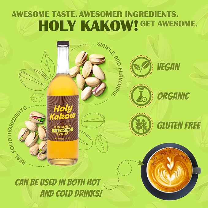 Holy Kakow Cafe Organic Pistachio Syrup - Pistachio Coffee Syrup, Organic Syrup for Coffee, Pistachio Syrup for Coffee, Add to Latte, Cocktail and Shake, Real Food Ingredients, Specific Flavor - 750ml
