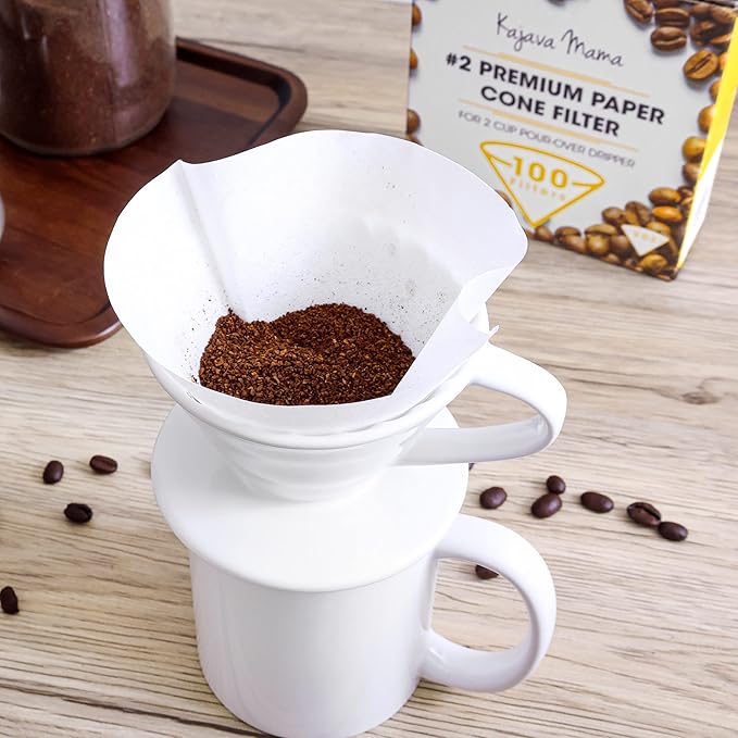 Pour Over Coffee Dripper - Ceramic Slow Brewing Accessories for Home, Cafe, Restaurants - Easy Manual Brew Maker Gift - Strong Flavor Brewer - V02 Paper Cone Filters - White, 2 Cup