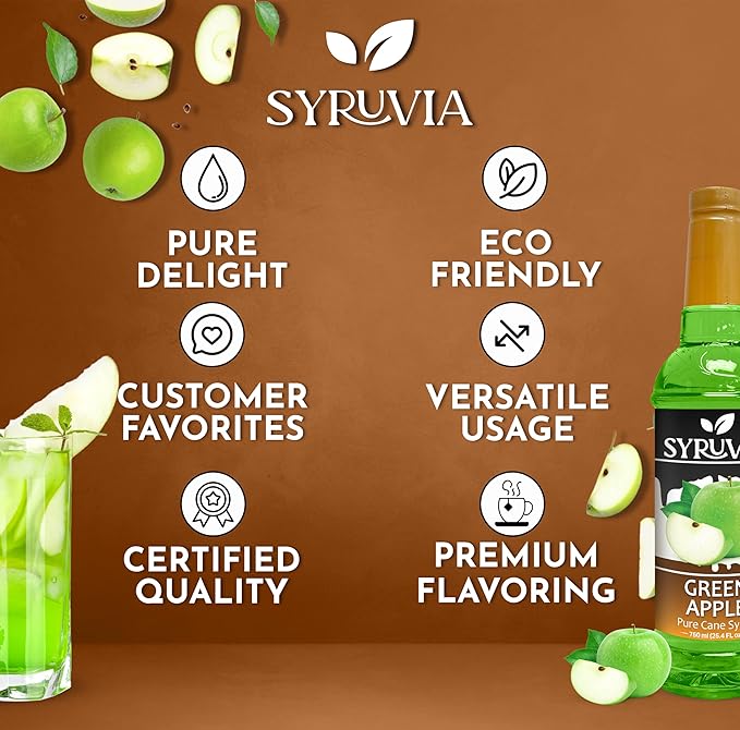 Syruvia Green Apple Syrup, Flavored Syrup for Drinks, Cocktails, Lemonades, Iced Teas, and Desserts – 25.4 fl oz, With Pump