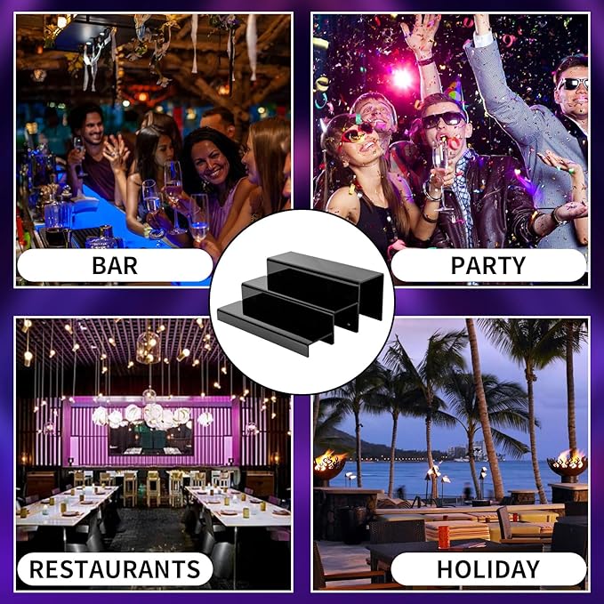 3 Tiers Bar Shelves for Liquor Bottles, 15" Black Acrylic Risers Display Racks Stands for Figures Pops Cupcake Perfume Collections (Patent: D1076520S)