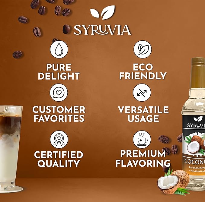Syruvia Coffee Syrup, Coconut Flavored Syrup for Drinks, Lattes, and Desserts – 25.4 fl oz, With Pump