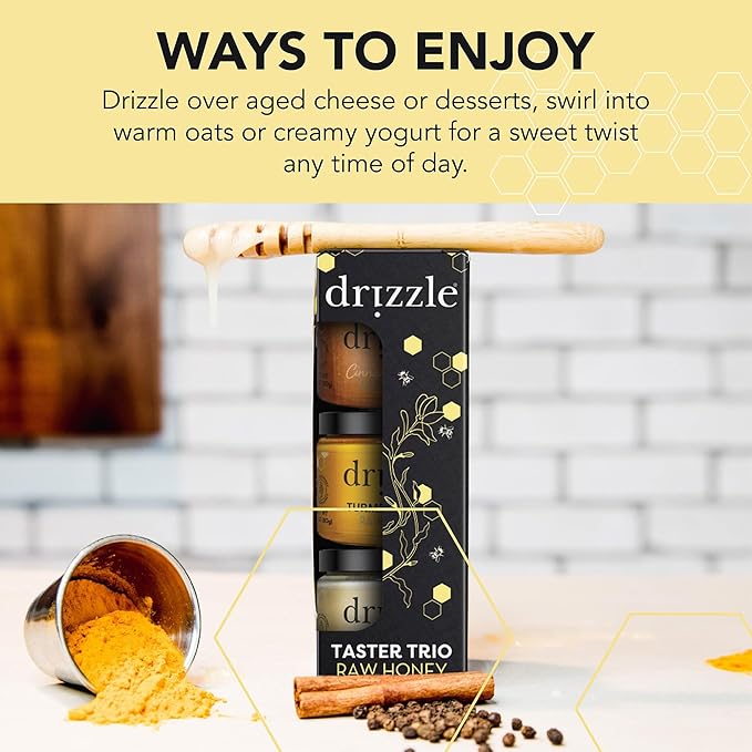 Drizzle Honey Taster Trio - All Natural Pure Raw Honey, Unfiltered, White, Cinnamon Spiced, & Turmeric Gold Mini Jars, Use in Tea & Coffee, Sugar Substitute, Certified Kosher - Pack of 3