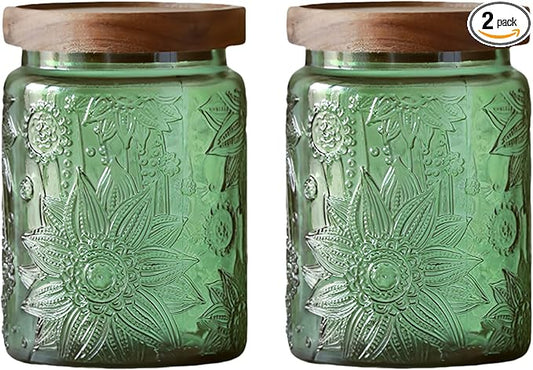 Set of 2 Vintage Glass Jars, Green Glass Storage Jars with Solid Wood Lids (23.7 oz) for Kitchen, Pantry, Candy, Flour, Oatmeal, Coffee Beans, Pet Food, Laundry Detergent, Cute Jar (Green, 2 Pack)