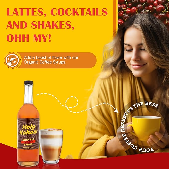 Holy Kakow Cafe Organic Cherry Syrup - Cherry Syrup, Coffee Syrup, Organic Syrup for Coffee, Cherry Syrup for Coffee, Add to Latte, Cocktail and Shake, Real Food Ingredients, Specific Flavor - 750ml