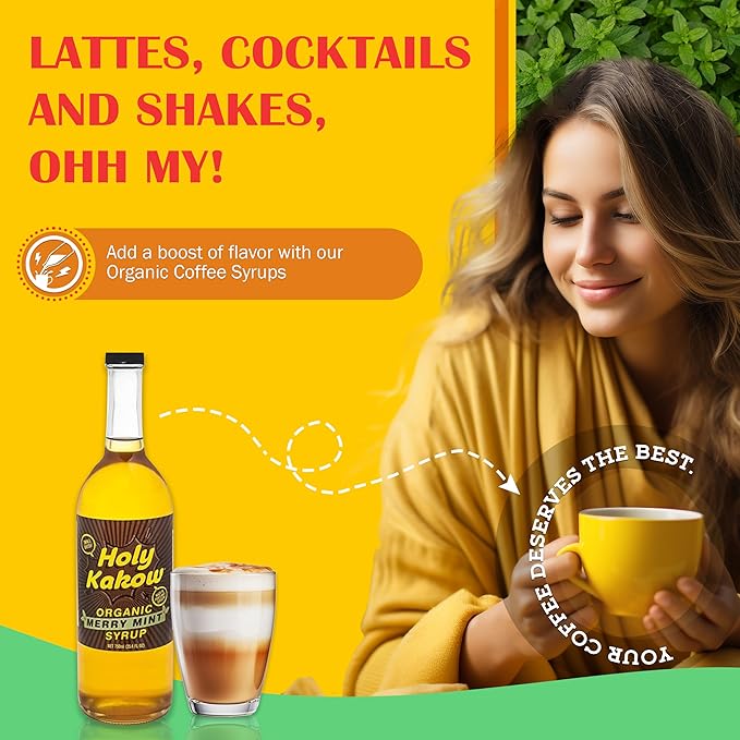 Holy Kakow Cafe Organic Mint Syrup - Mint Syrup, Coffee Syrup, Organic Syrup for Coffee, Mint Syrup for Coffee, Add to Latte, Cocktail and Shake, Real Food Ingredients, Specific Flavor - 750ml