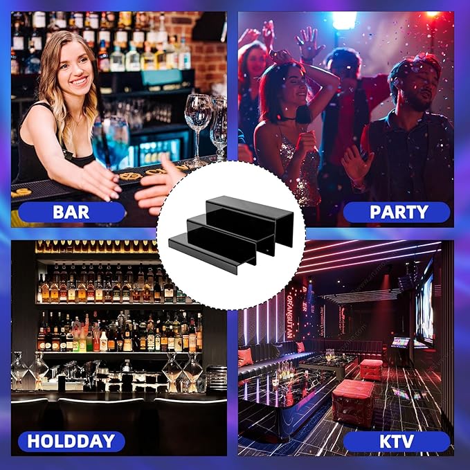 2 Pack Tiers Bar Shelves for Liquor Bottles, 15" Clear Acrylic Risers Display Racks Stands for Figures Pops Cupcake Perfume Collections (Black)