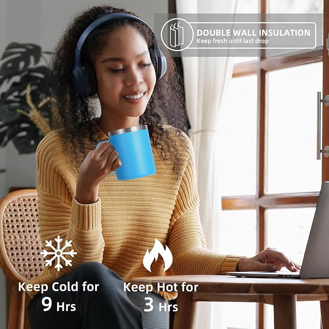 Volhoply 12oz Insulated Leakproof Coffee Mug with Flip & Straw Lid Bulk 8 Pack,Double Wall Vacuum Stainless Steel Travel Tumbler Cup with Handle,Reusable Camping Keep Cold/Hot(Blue,8 Set)