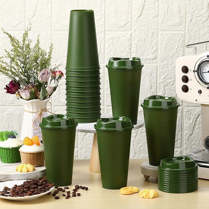 Domensi 15 Pack Reusable Coffee Cups with Lids 16 oz Disposable Travel Cups Bulk Plastic to Go Coffee Tumblers for DIY Hot Cold Drink Party Favors Coworker, Microwaveable (Army Green)