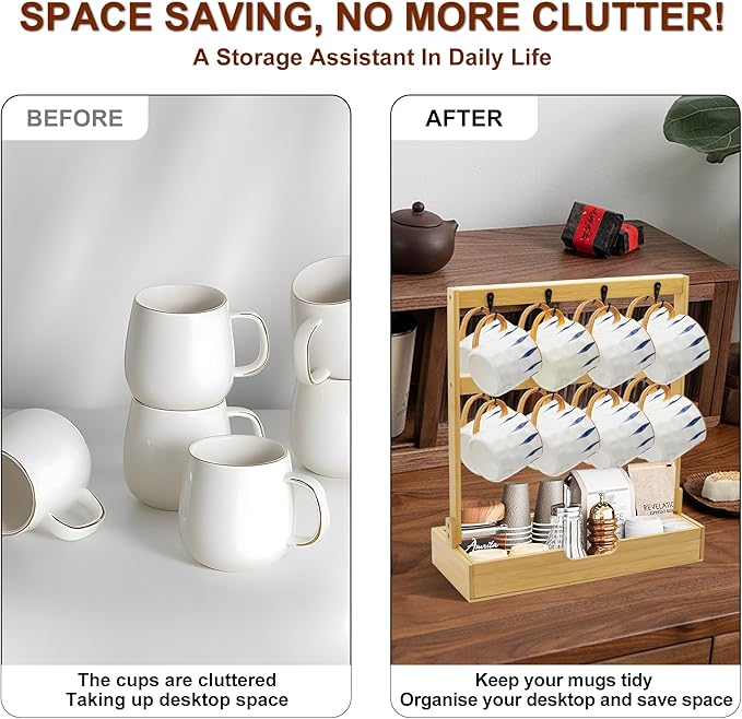 Coffee Mug Holder for Counter Top with 16 Hooks, 2 Tier Coffee Mugs Tree with Coffee Pod Drawer, Bamboo Countertop Mug Rack Shelf, Cups Organizer Stand for Home Coffee Bar Kitchen Storage Display