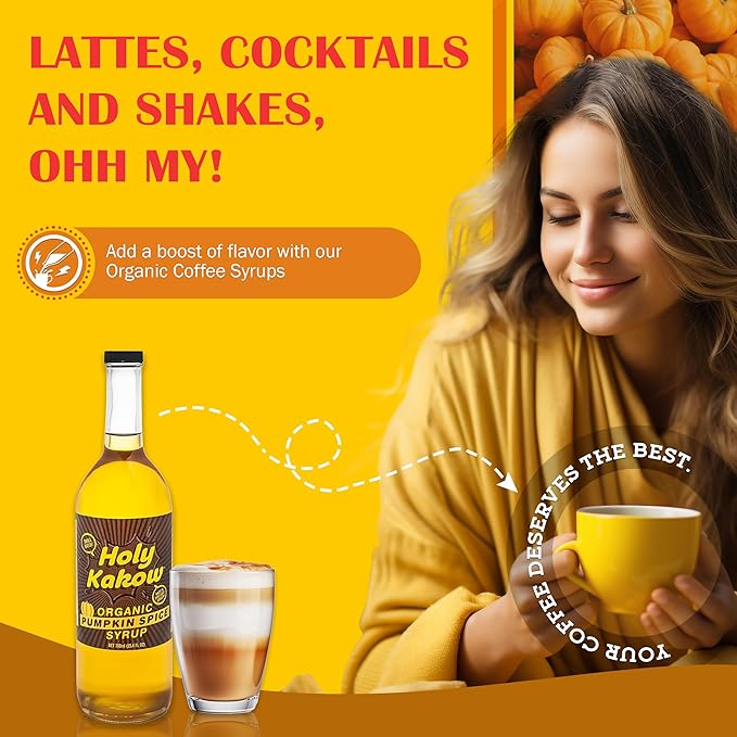Holy Kakow Organic Pumpkin Spice Syrup - Pumpkin Spice Coffee Syrup, Organic Syrup for Coffee, Latte, Cocktail & Shake, Real Food Ingredients - 750ml