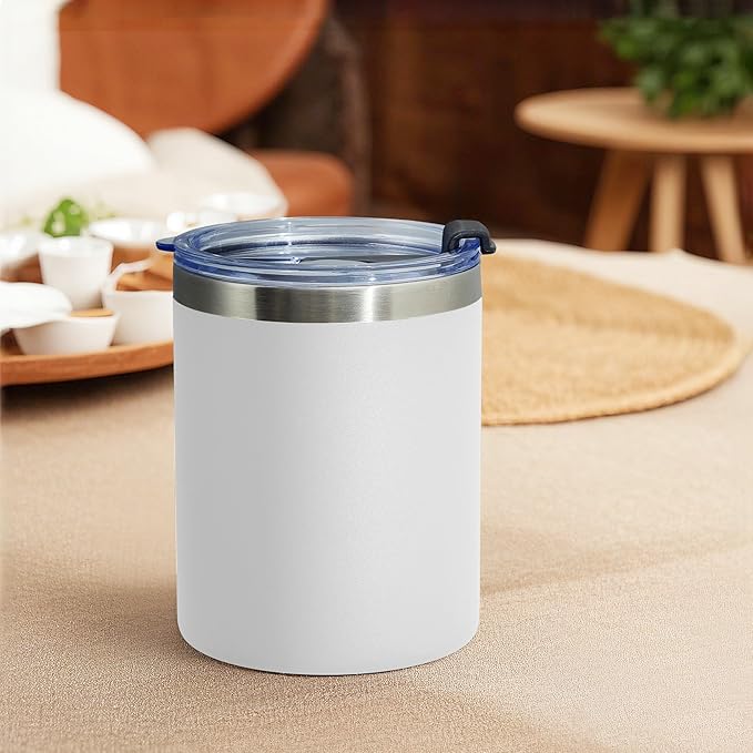 MEWAY 12 oz Lowball, Tumbler Stainless Steel Double Wall Vacuum Insulated Mug with Straw and Lid, Cleaning Brush ，Durable Powder Coated Insulated Coffee Cup for Cold & Hot Drinks (White, 12 pack)