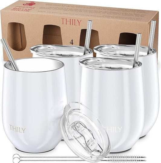 THILY Stainless Steel Insulated Wine Tumbler 4 Pack Stemless Wine Glasses with Splash-proof Lids, Metal Straws, Keep Cold for Coffee, Drinks, Christmas Gifts, Pearl White