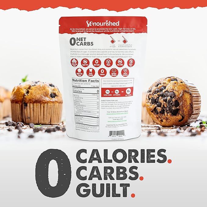 So Nourished Monk Fruit Sweetener with Erythritol Granular - 1:1 Sugar Substitute, Keto - 0 Calorie, 0 Net Carb, Non-GMO 1lb