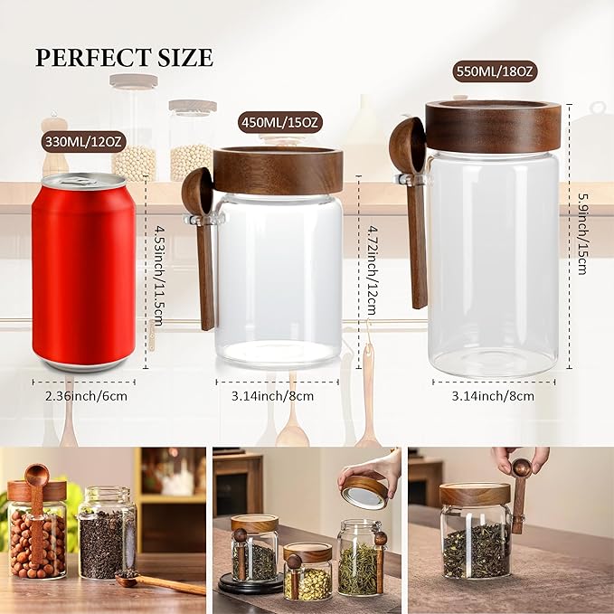 15 oz/450 ml Glass Storage Canister with Airtight Wooden Lid, Clear Small Decorative Container Jar with Spoon for Salad Overnight Oats Snacks Yogurt Cereal Fruit Spice Sugar Coffee Candy Salt