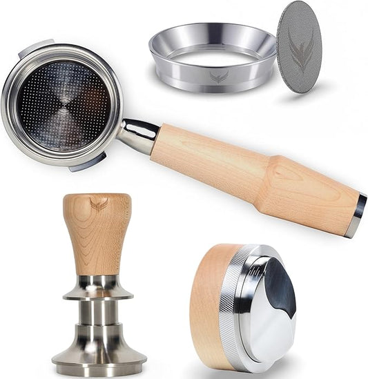 58mm Espresso Tool Kit for Gaggia Classic, Classic Pro, and Classic Pro Evo: Maple Bottomless Portafilter, Calibrated Tamper, Dosing Funnel with Puck Screen, and Adjustable Distributor