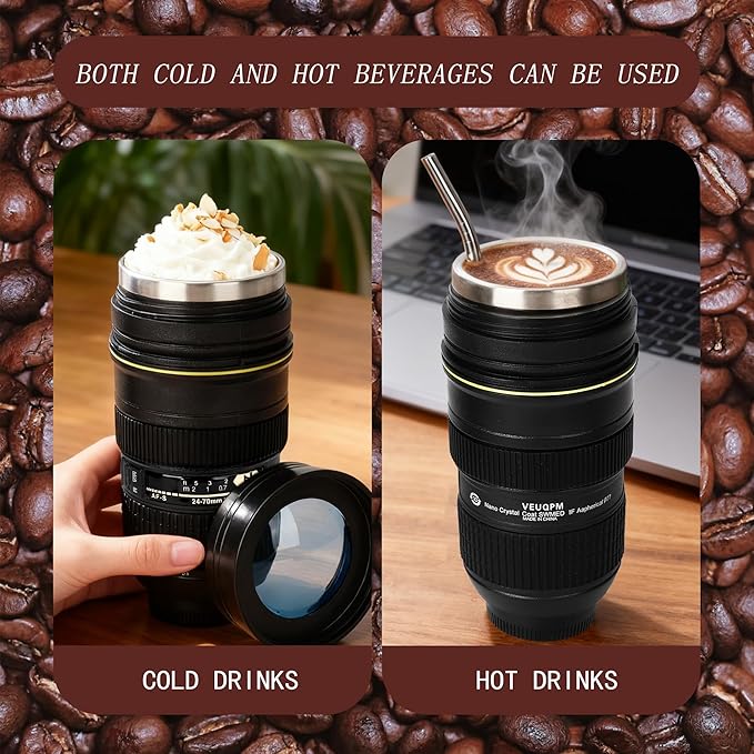 Camera Lens Coffee Mug (420ml/14oz) - Stainless Steel Travel Mug Set with 2 Leak-Proof Lids, Steel Straw, Cleaning Brush & Carrier Strap - Novelty Gift for Photographers & Travelers