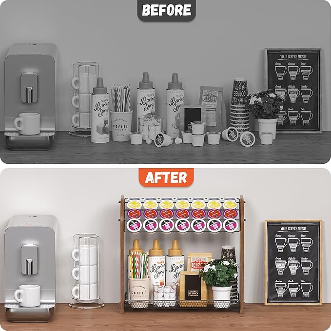 K Cup Holder - 2-Tier K Cup Organizer, Metal Coffee Pod Holder for Counter, Easy Assembly (Rustic Brown)