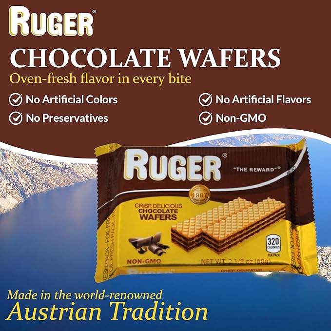 Ruger Wafers Austrian Chocolate Wafers, 2.125 Ounce (Pack of 12) - Crisp, Creamy, Delicious Chocolate Treats with Natural Ingredients and Extended Shelf Life, Perfect for Snacking, Desserts, and Anytime Indulgence